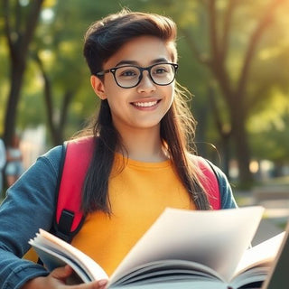 University student in a lively campus setting with books.