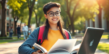 University student in a lively campus setting with books.