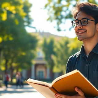 University student surrounded by books and a laptop outdoors.