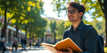 University student surrounded by books and a laptop outdoors.