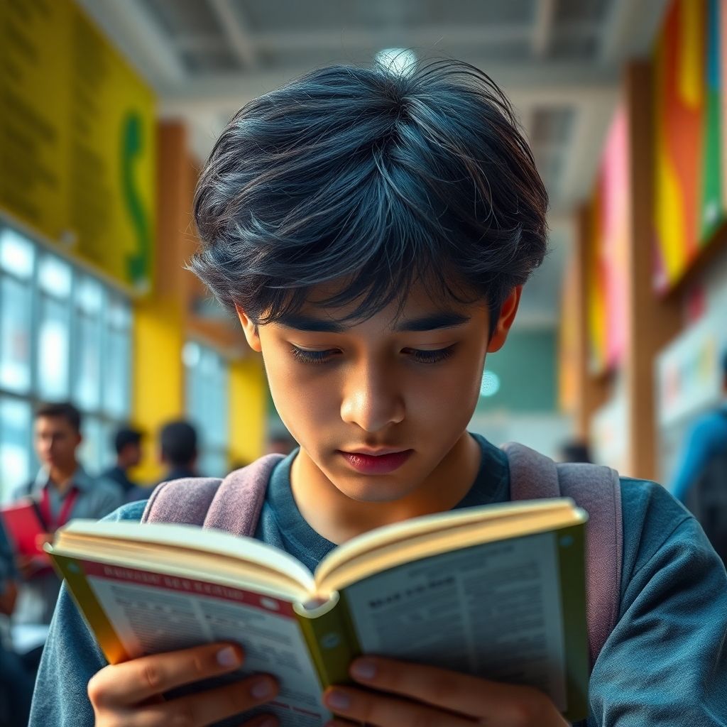 University student reading in a vibrant, colorful setting.