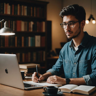 Student writing thesis with books and laptop