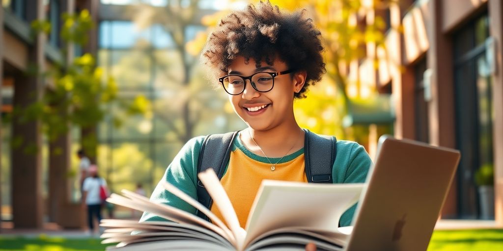 University student in a vibrant campus with books and laptop.