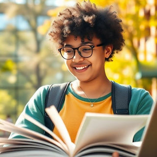 University student in a vibrant campus with books and laptop.