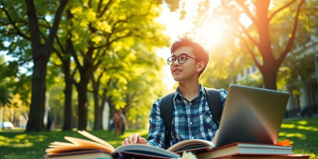 University student in a vibrant, sunlit campus environment.