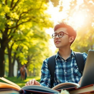 University student in a vibrant, sunlit campus environment.