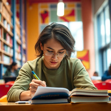 University student writing in a vibrant study environment.