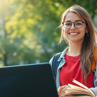 University student studying in a vibrant campus environment.