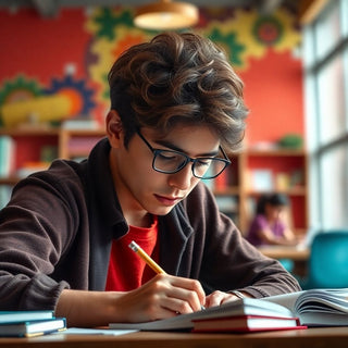 University student writing in a vibrant study environment.