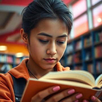 University student reading in a vibrant study environment.