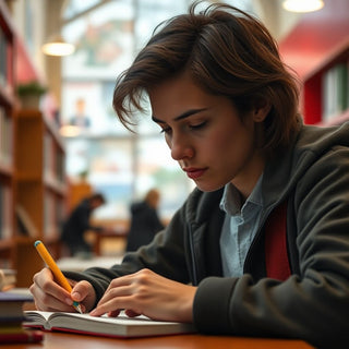 University student writing in a colorful study environment.