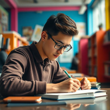 University student writing in a vibrant study environment.