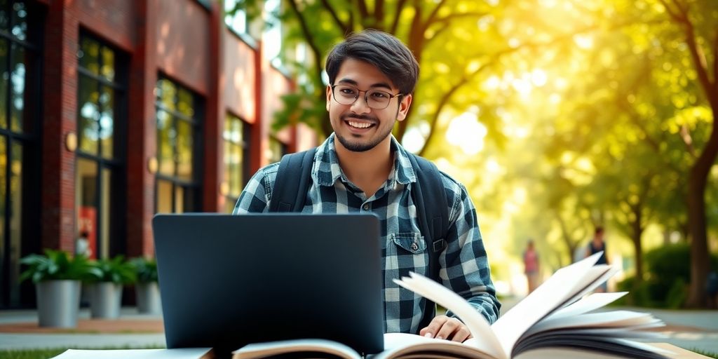 University student studying on a vibrant campus during the day.