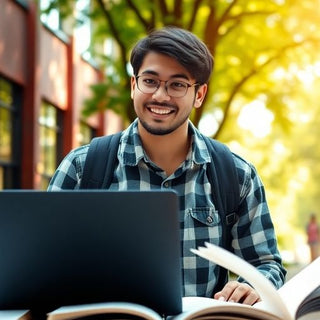 University student studying on a vibrant campus during the day.