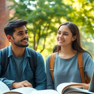 University student in dynamic campus environment with books and laptop.