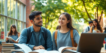 University student in dynamic campus environment with books and laptop.