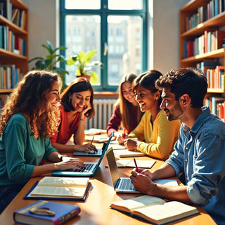 Estudiantes diversos discutiendo las diferencias entre disertaciones y propuestas.