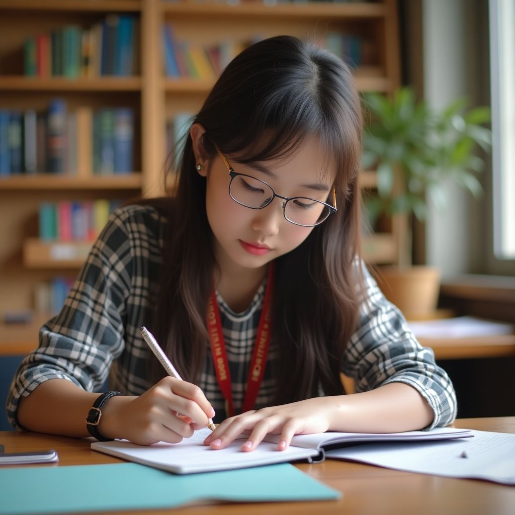 Mahasiswa universitas menulis di lingkungan yang berwarna-warni.