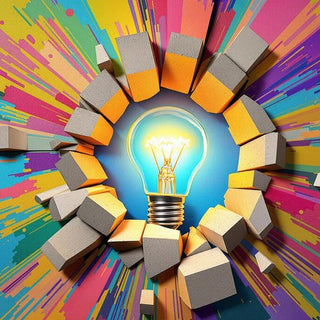 Lightbulb breaking through a wall, symbolizing innovation.