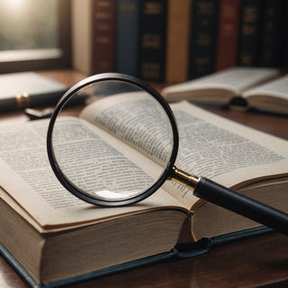 Magnifying glass over book with scattered research papers