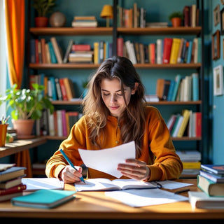 Estudiante generando ideas para la tesis de licenciatura en un estudio colorido.