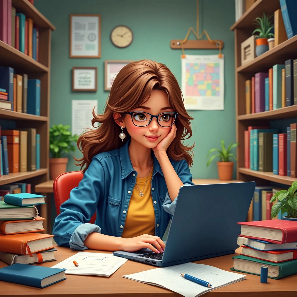 Student researching at a desk with books and laptop.