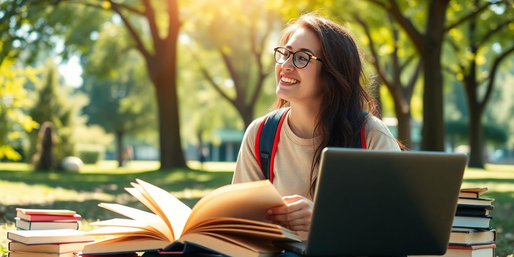 University student studying in a vibrant campus setting.