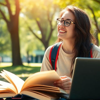 University student studying in a vibrant campus setting.