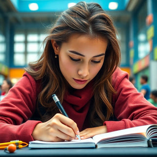 University student writing in a vibrant study environment.