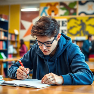 University student writing in a colorful study environment.