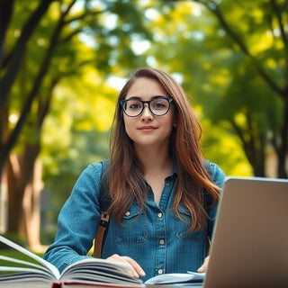 University student in vibrant campus with books and laptop.