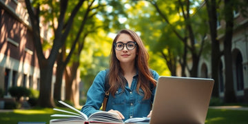 University student in vibrant campus with books and laptop.