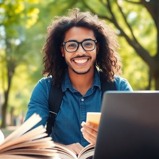 University student in vibrant campus with books and laptop.