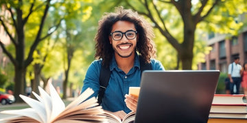 University student in vibrant campus with books and laptop.