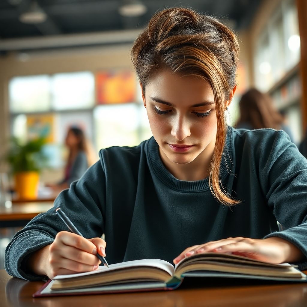 University student writing in a colorful, vibrant setting.