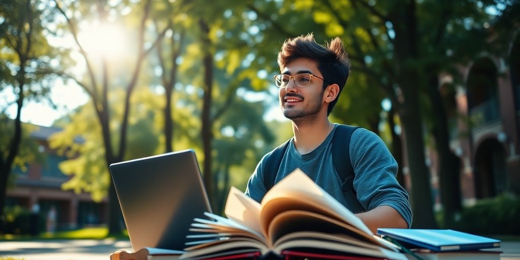 University student studying in a vibrant campus environment.