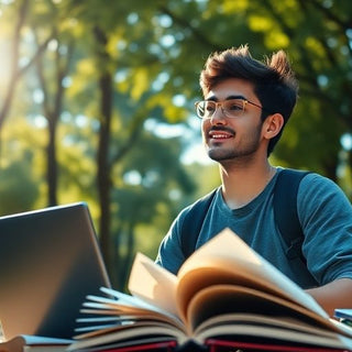 University student studying in a vibrant campus environment.