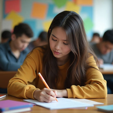 Estudante universitário escrevendo em um ambiente colorido.