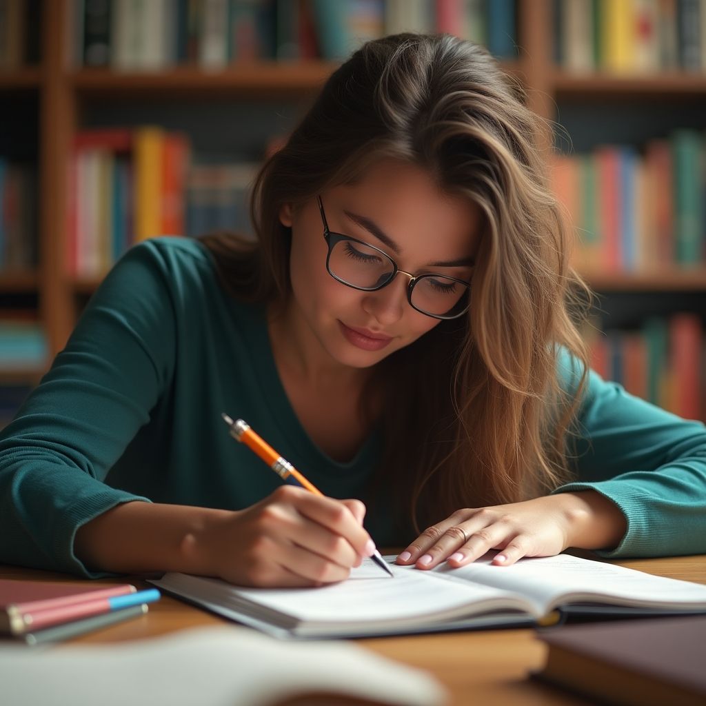 University student writing in a vibrant, colorful setting.