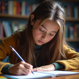 Estudante universitário escrevendo em um ambiente vibrante.