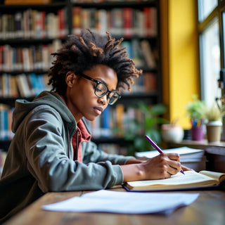 Student studying in a colourful university setting.