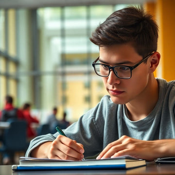 University student writing in a vibrant, colorful setting.