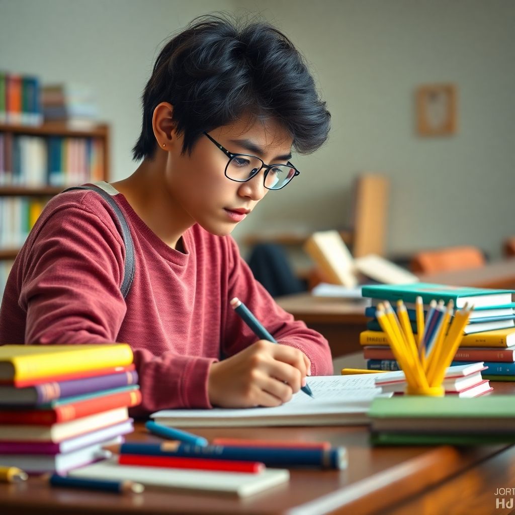 University student writing at their desk, colorful environment.