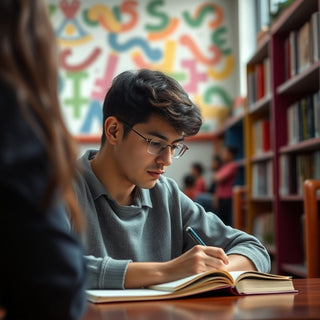 University student writing in a vibrant study environment.