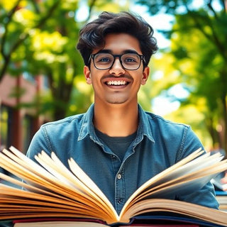 University student in vibrant campus environment with books.