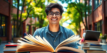 University student in vibrant campus environment with books.