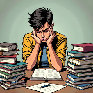 Estudiante estresado contemplando propuesta de tesis rodeado de libros.