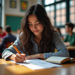 University student writing in a colorful, vibrant setting.