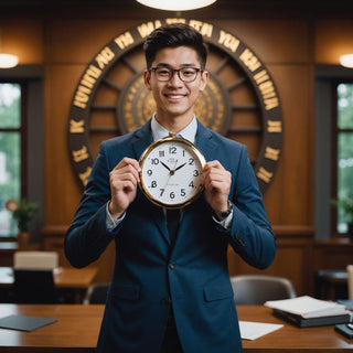 Student celebrating with MBA thesis and clock symbolizing time management