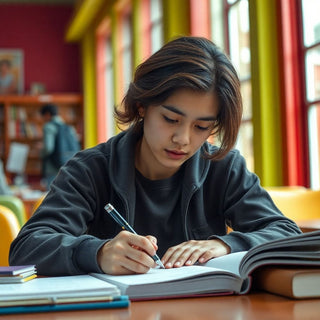 Estudante universitário escrevendo em um ambiente colorido.